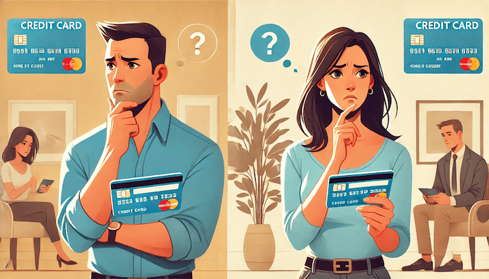 クレジットカードを持って悩んでいる男女